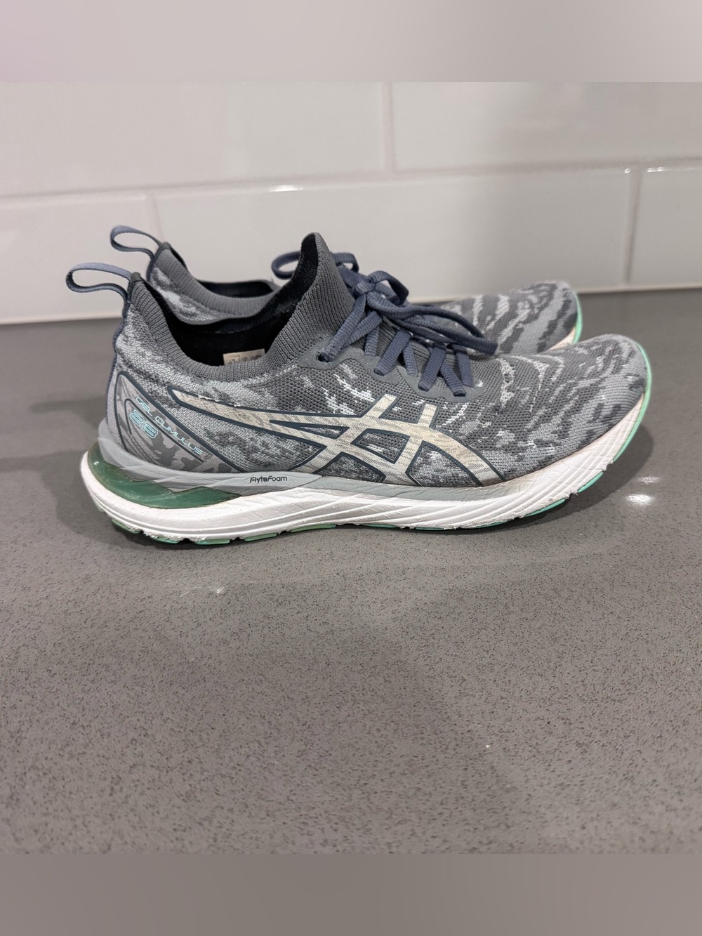 Women’s Asics Gray Knit Running Shoes with Mint Highlights